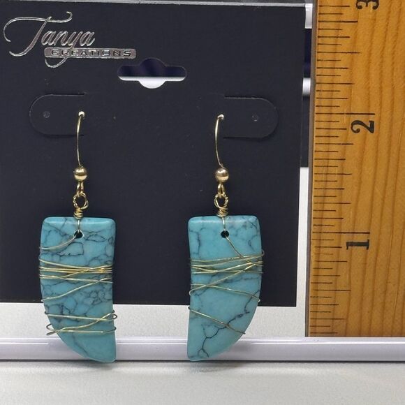 Blue and Gold Wire Wrapped Earrings with Turquoise Stones - Picture 4 of 6
